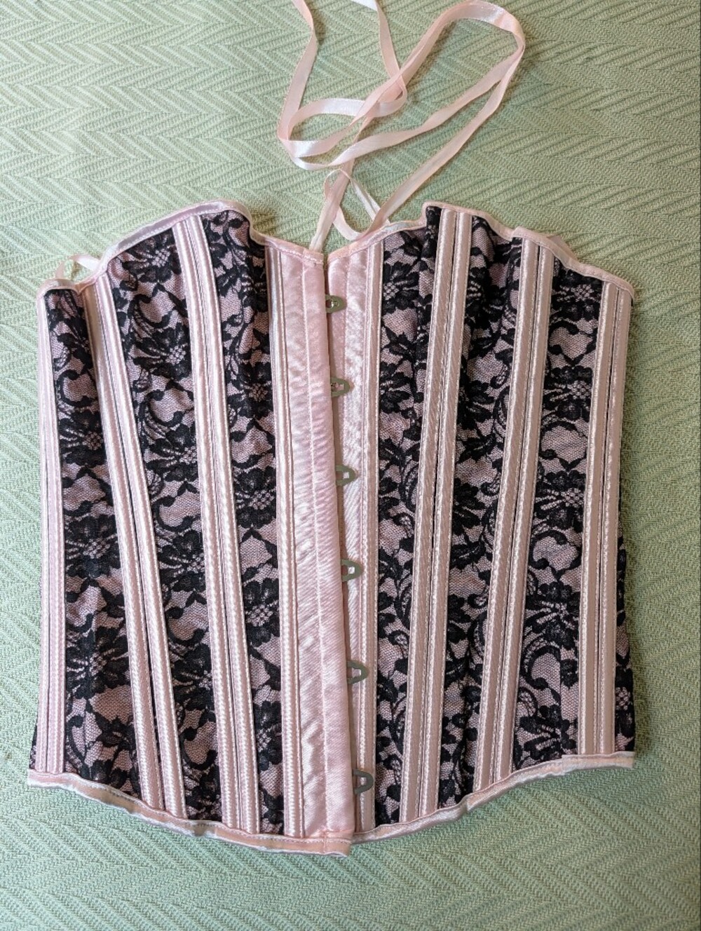 Adore Me Light Pink Satin Corset Top With Black Lace Overlay Size M